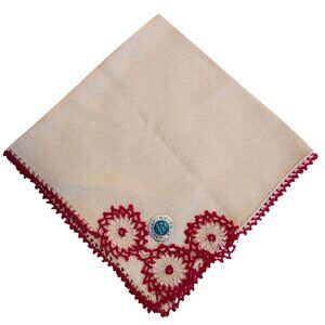Vintage NOS Irish Linen Handkerchief With Red Crochet Edge Trim HANKIE hanky